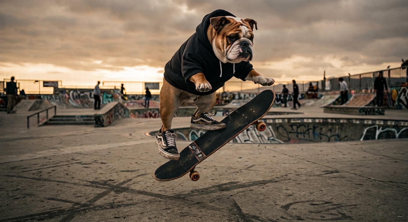 The same shot with a bulldog in a black hoodie riding the skateboard