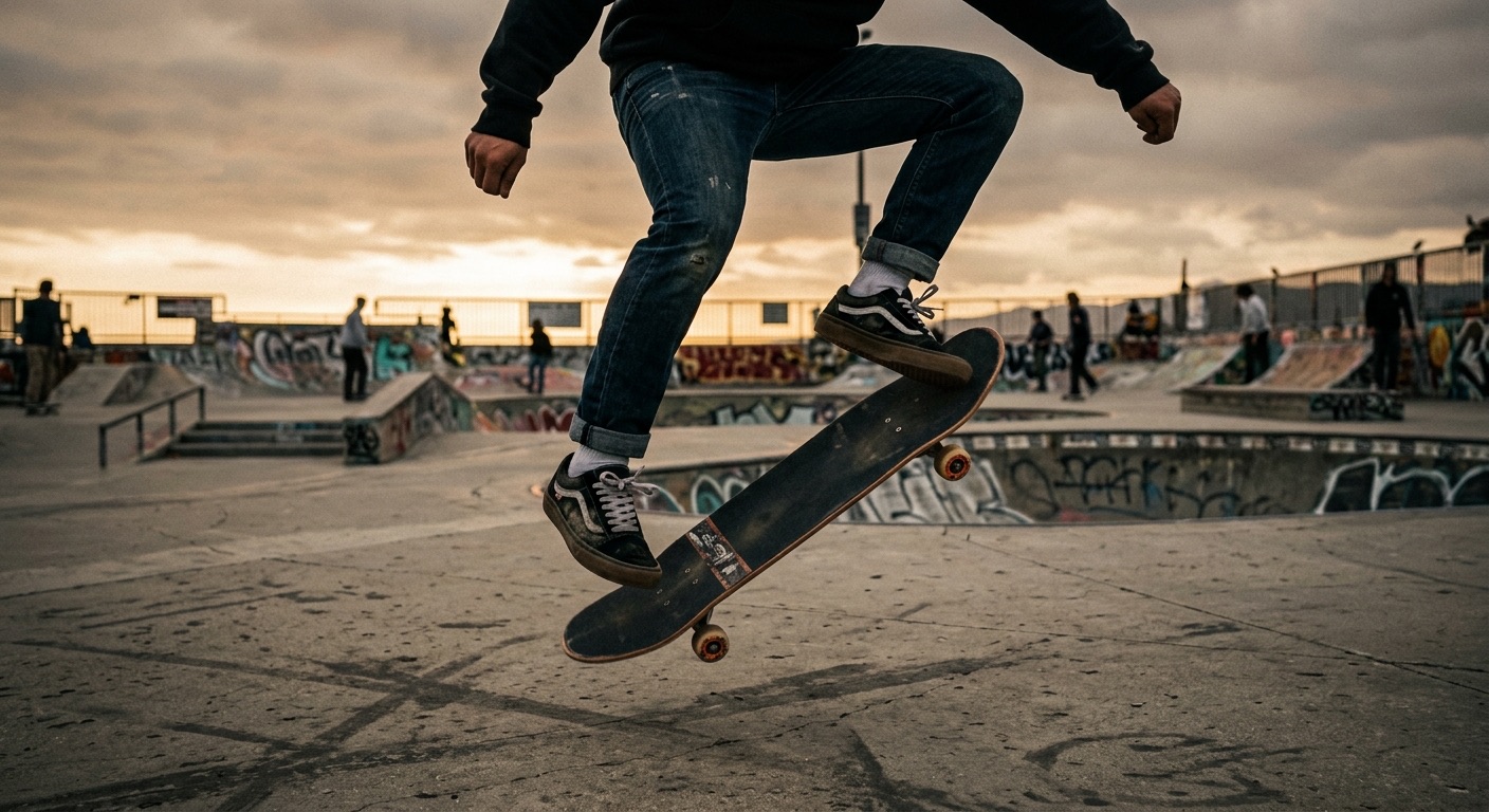 A skateboarder mid-air over a skate park bowl at sunset